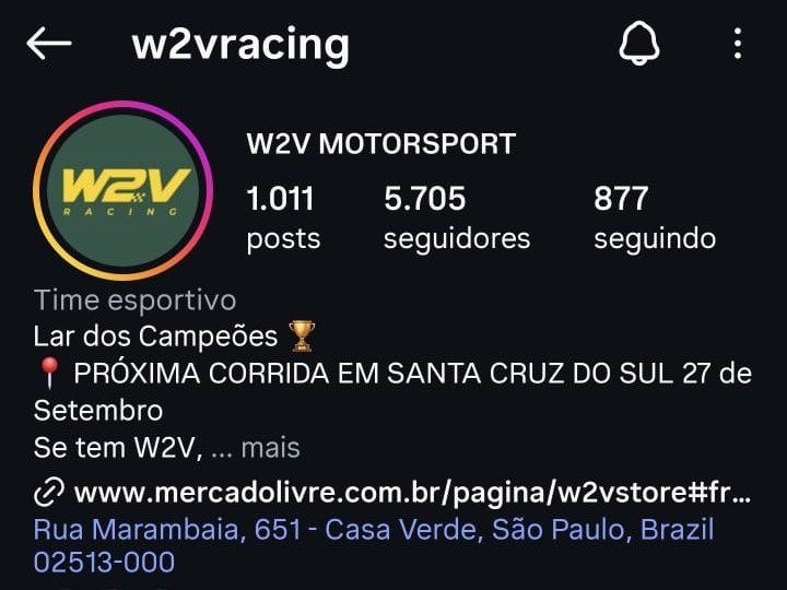 Perfil oficial da W2V Racing no Instagram